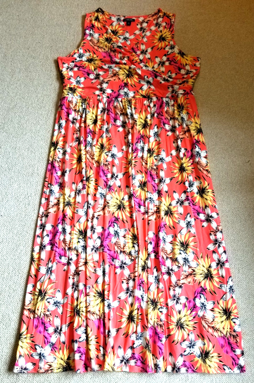 Womens Dress-LANDS' END-orange/multi floral Tropical cotton knit maxi Coastal-2X